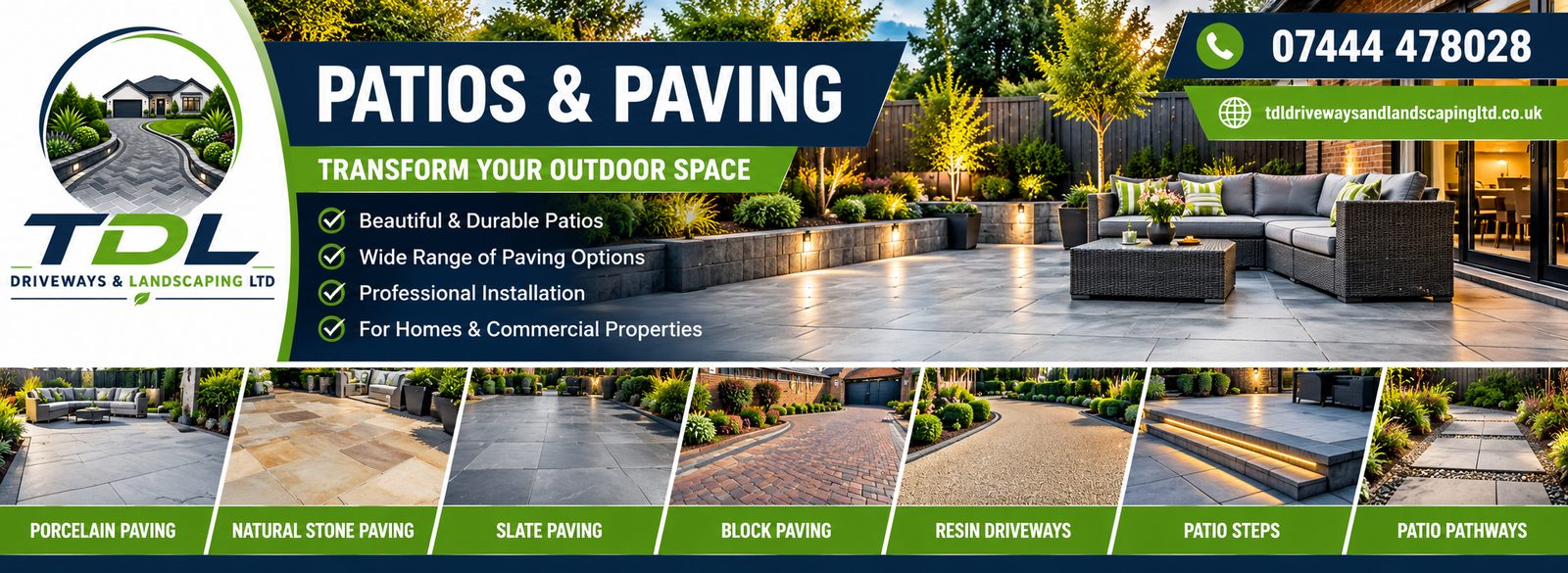 TDL Patios and Paving: porcelain, natural stone, slate and block paving, patio steps and pathways