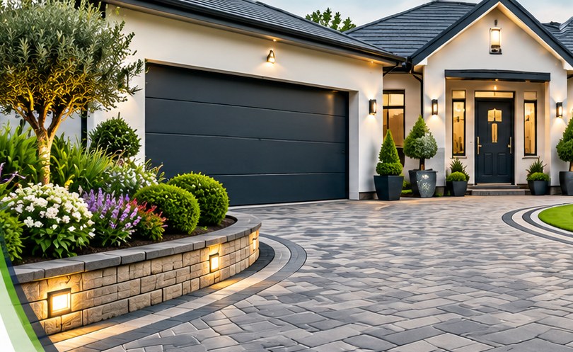 Block paved driveway with raised stone planters and lawn in front of a modern house